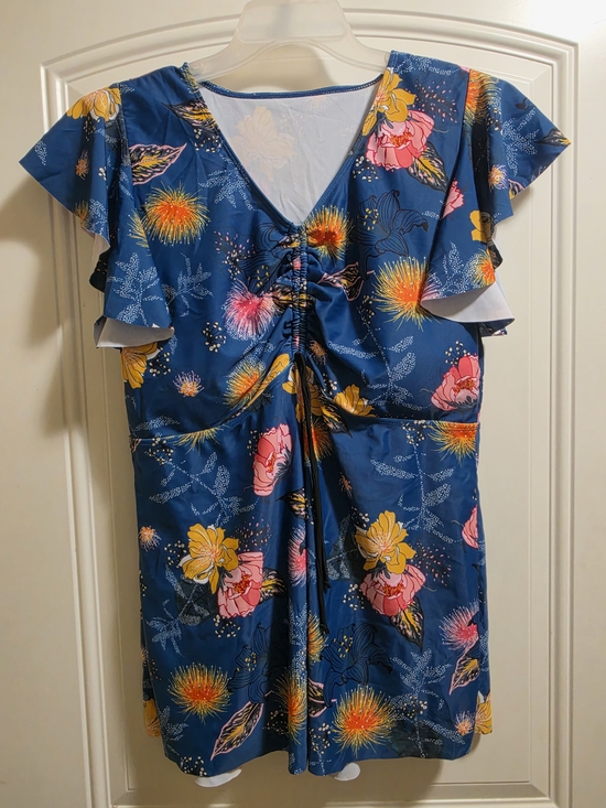 Don't Know Tops - Women’s Blue Floral Ruched Front Blouse
